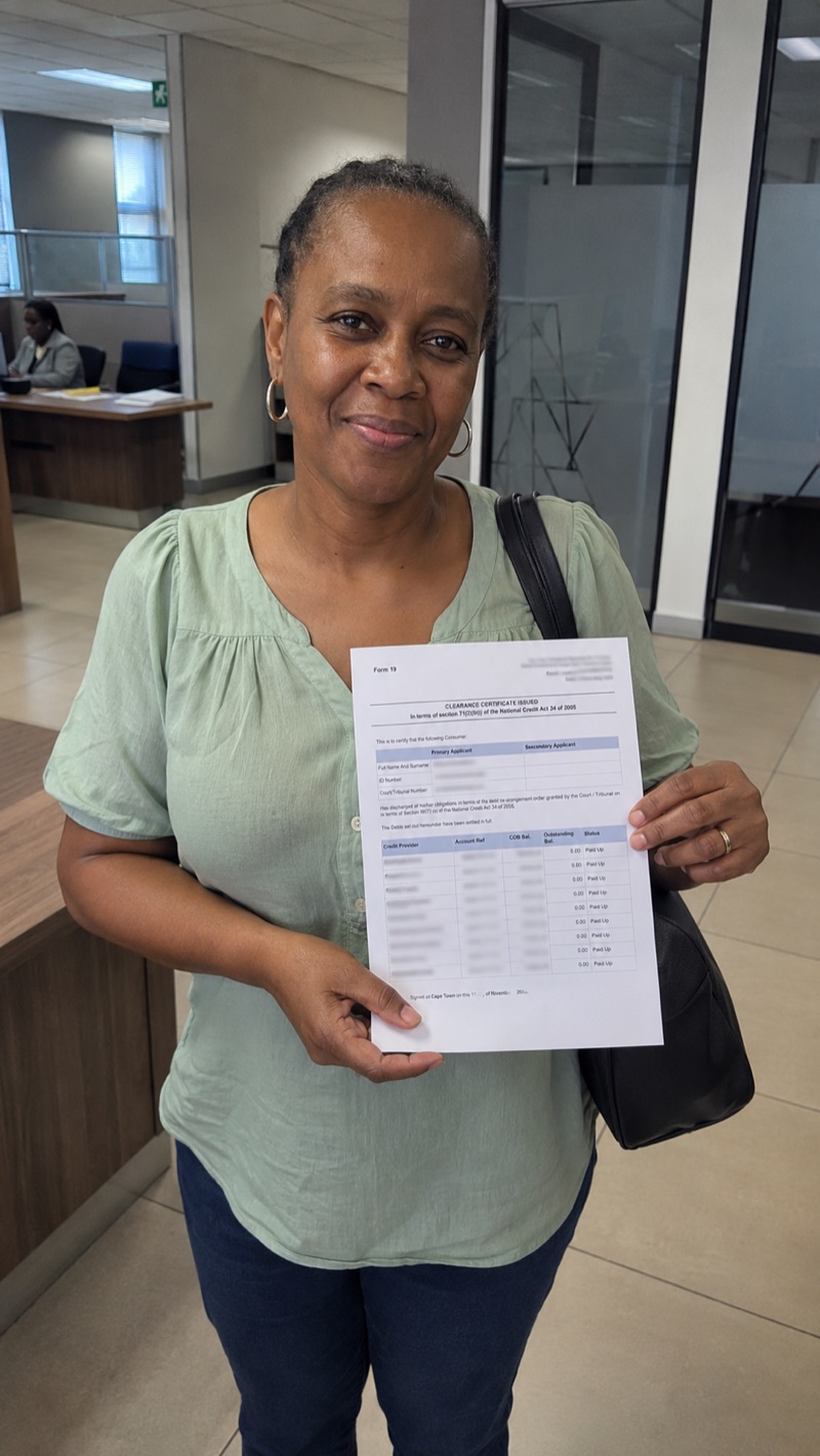 Thrive SA member holding her Section 71 Clearance Certificate at the office