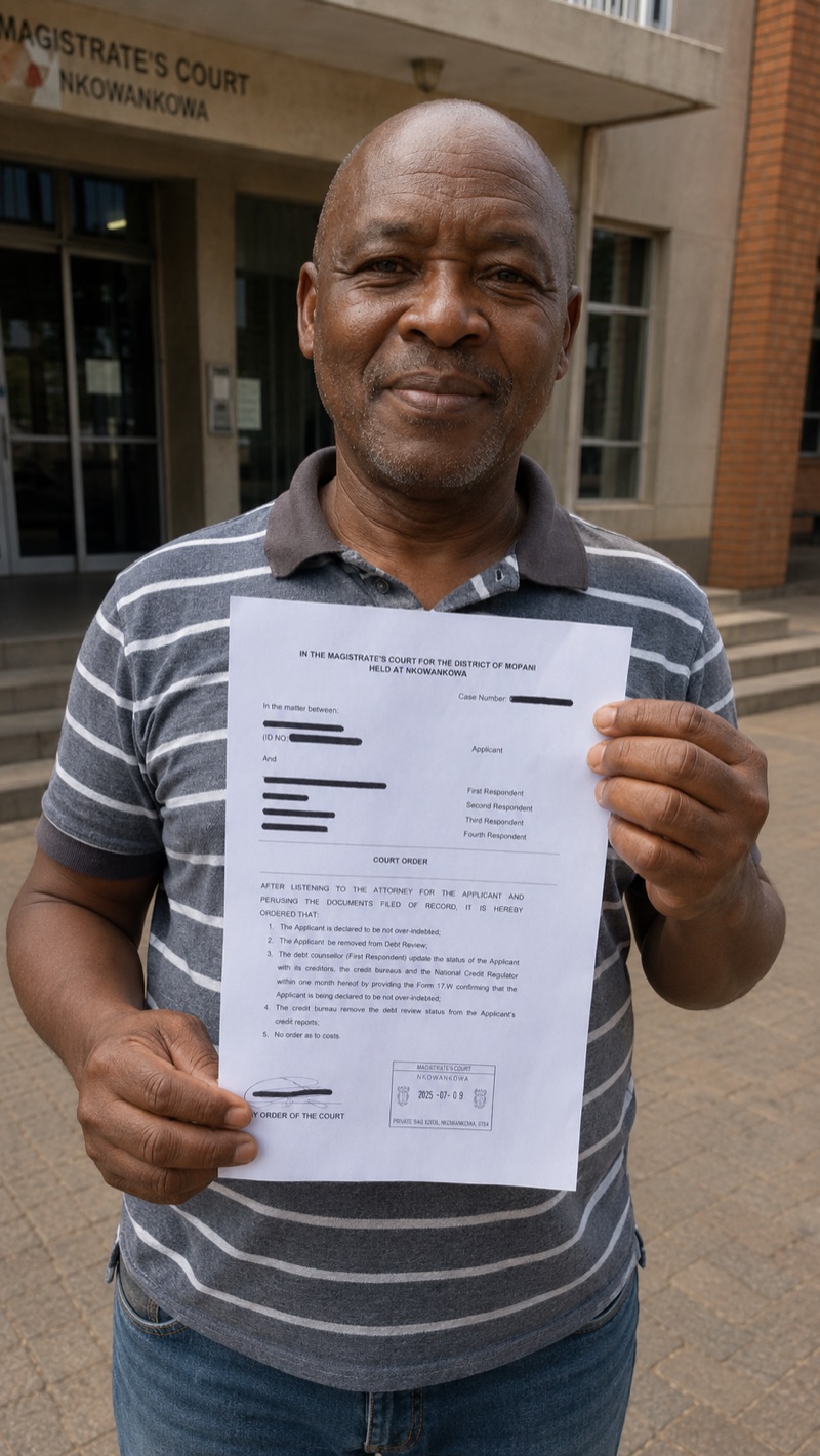 Thrive SA member outside the Nkowankowa Magistrate's Court holding his debt-review termination court order